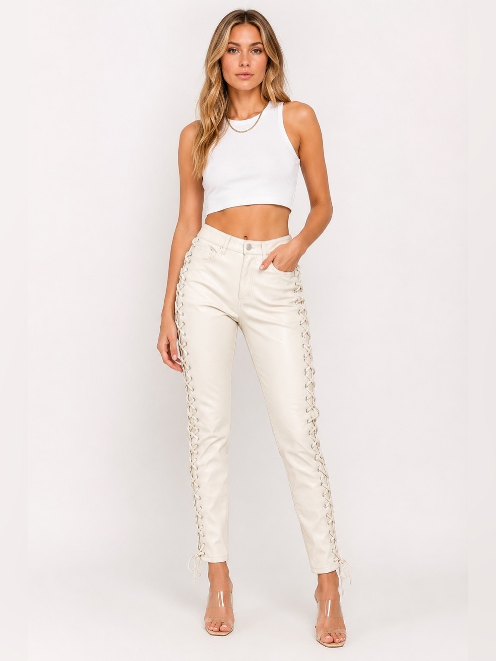 AFRM Lace Up Faux Leather Pants Cream Vegan Leather Skinny Pants Size 27